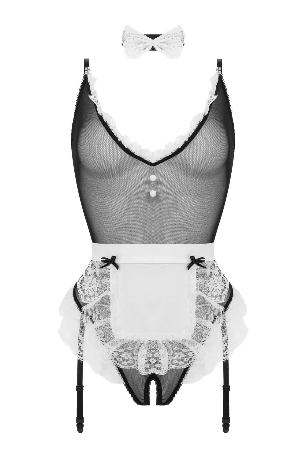 Christine - Maid Open Kruis Kostuum - Zwart/Wit