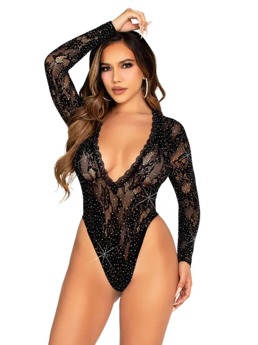 Leg Avenue – Kant Bodysuit met Deep-V Hals – Zwart
