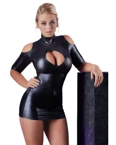 Cold Shoulder Wetlook Mini Jurkje - Zwart